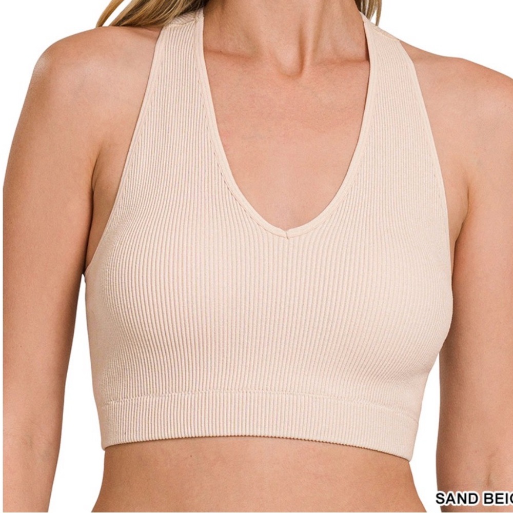 2 for 30$ Beige Mocha Ribbed Zenana Seamless Vee Neck Crop Top & Removable Pads - Picture 6 of 6